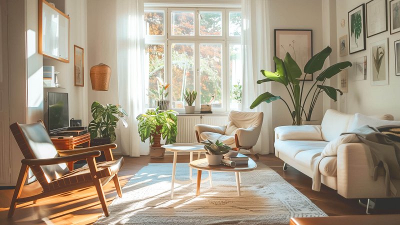 Helles Wohnzimmer mit Pflanzen und moderner Einrichtung
