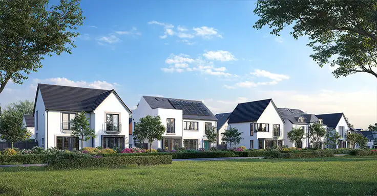 Reihe moderner Einfamilienhäuser mit Gärten