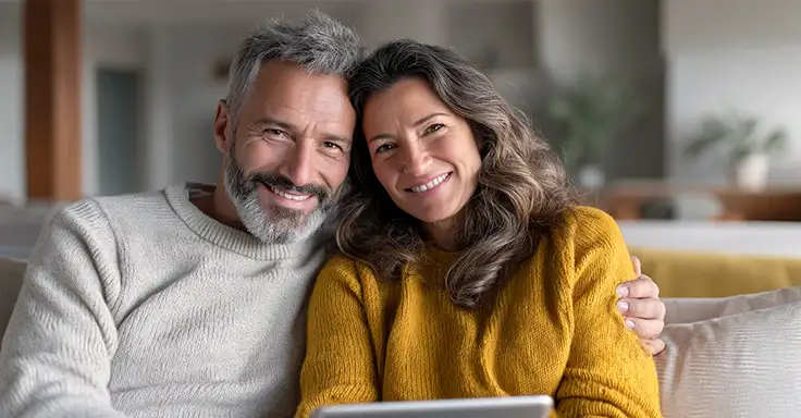 Lächelndes Paar auf dem Sofa mit Tablet