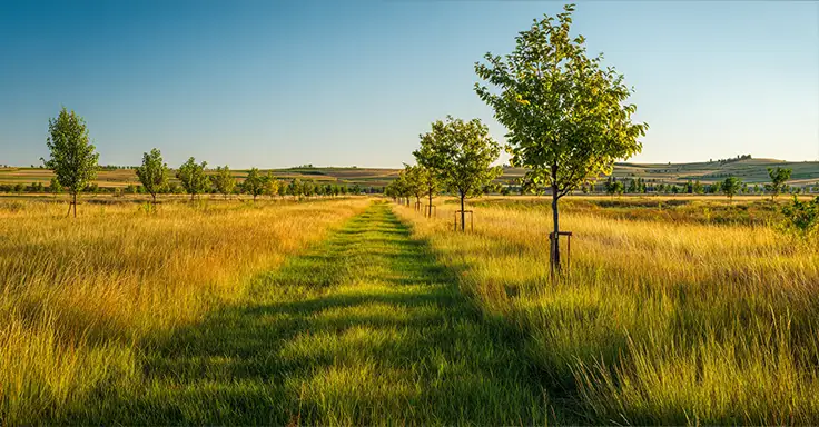 Weitläufiges Grundstück mit Bäumen und Wiesen