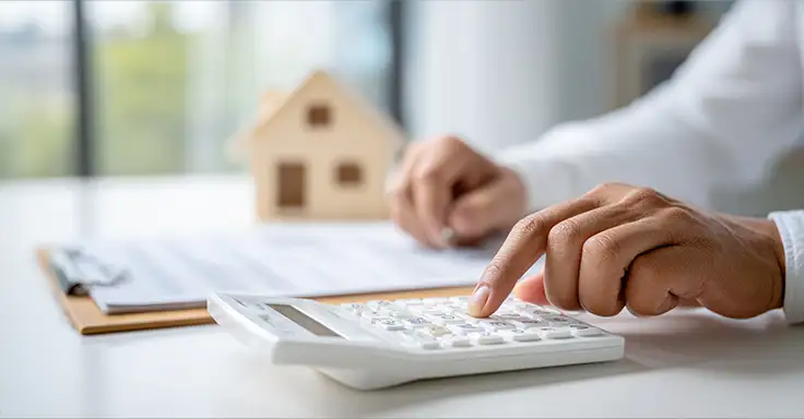 Person berechnet Grundstückswert mit Taschenrechner