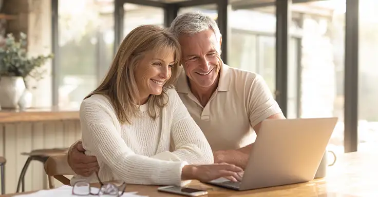 Älteres Paar lächelt beim Betrachten eines Laptops