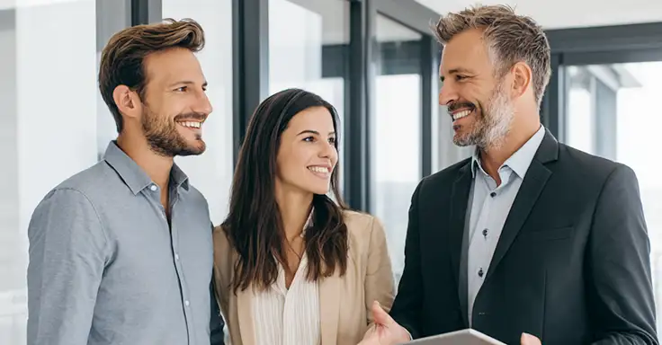 Lächelndes Paar bespricht Wohnungsverkauf mit Makler
