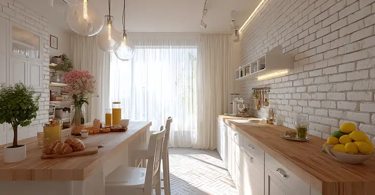 Moderne Küche mit Holztheke und großen Fenstern