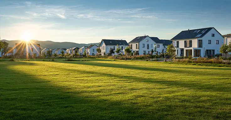 Grüne Wiese vor moderner Wohnsiedlung bei Sonnenuntergang